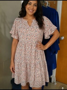 4/$20 Floral Ruffle-Sleeve Tiered Dress in Blush